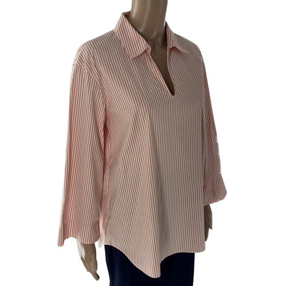 Lafayette 148 New York Orange Pelham Striped Cotton Collared Shirt - Picture 6 of 10